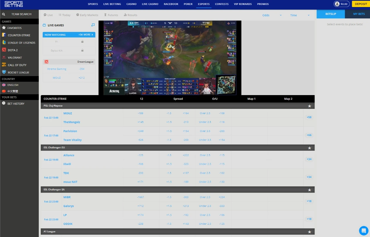 Sportsbetting.ag Esports Streaming Interface