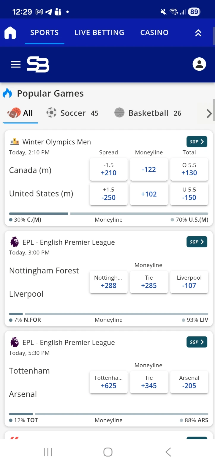 Sportsbetting.ag Mobile Browser Interface