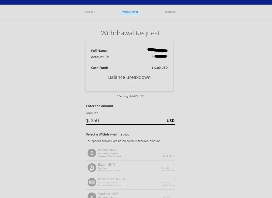 Sportsbetting.ag Withdrawal Request Screen