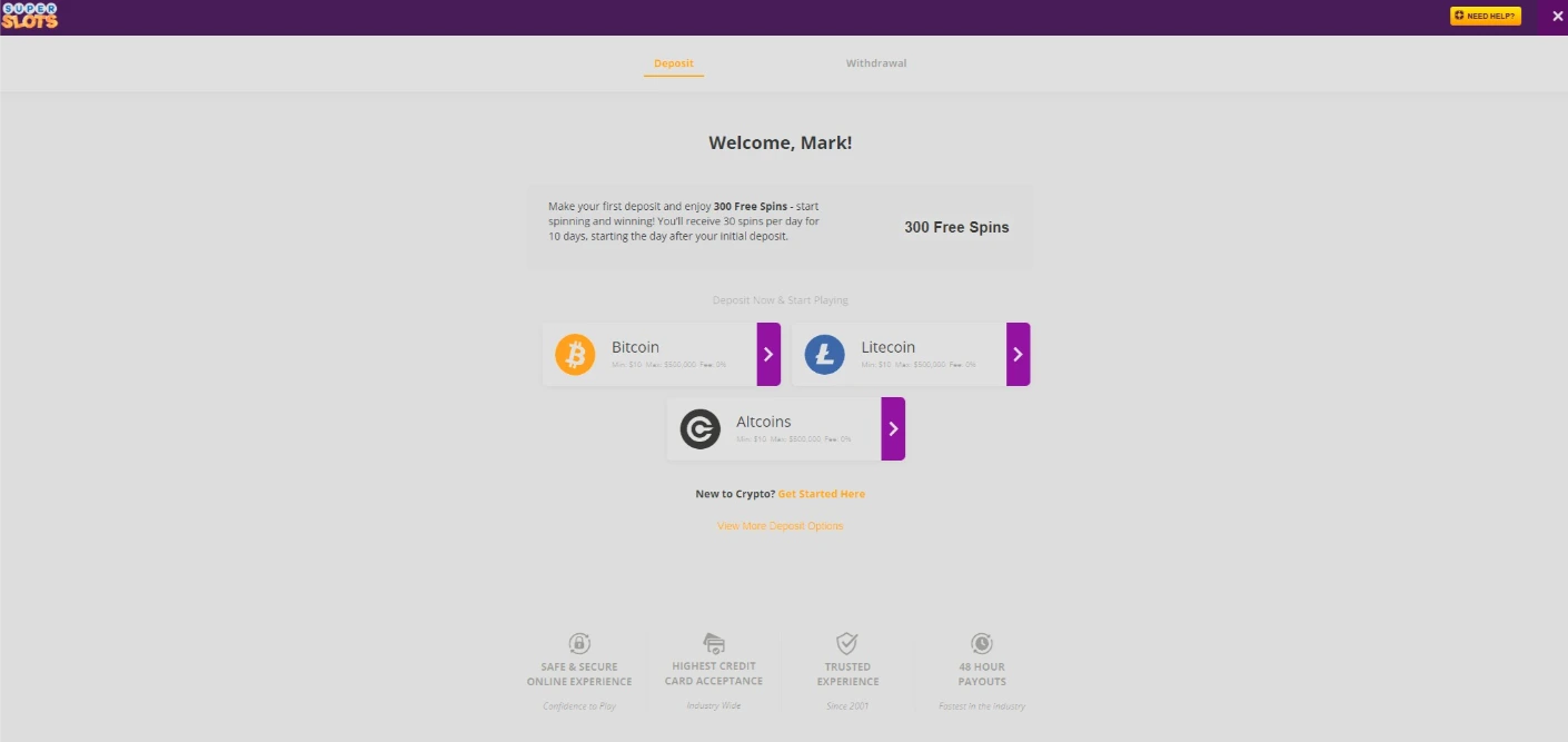 Super Slots Casino Active Deposit Cashier Options