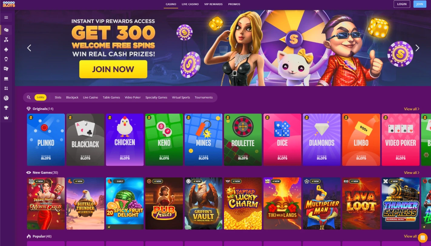 Super Slots Casino Main Lobby Interface