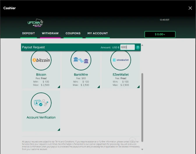Uptown Aces Payout Section showing a $600 withdrawal request