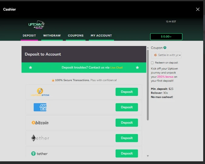 Uptown Aces Deposit Methods and Cashier Interface