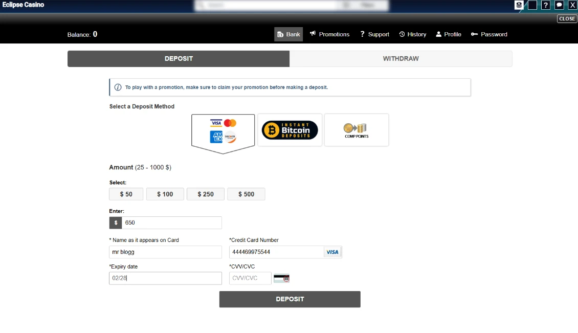 Eclipse Casino Deposit Cashier Interface