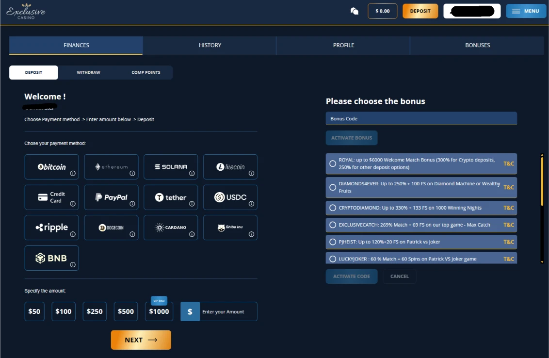 Exclusive Casino Deposit Options Screen