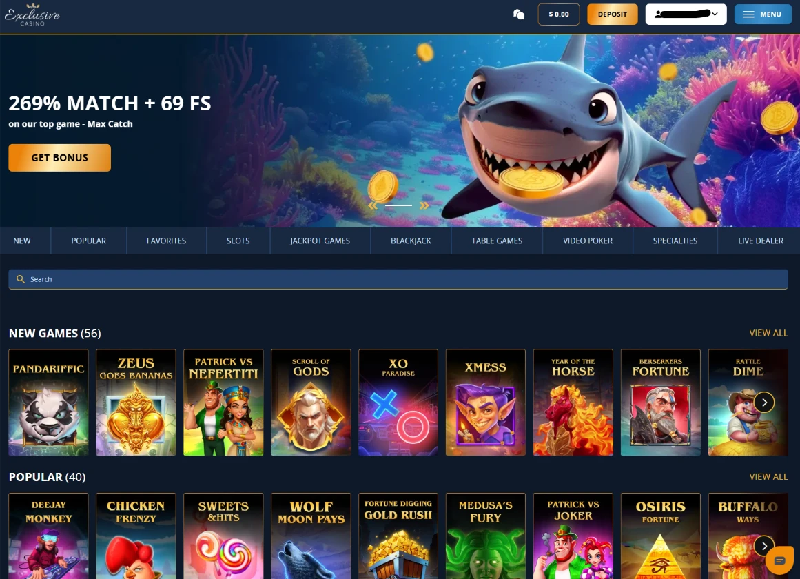 Exclusive Casino Main Lobby Dashboard