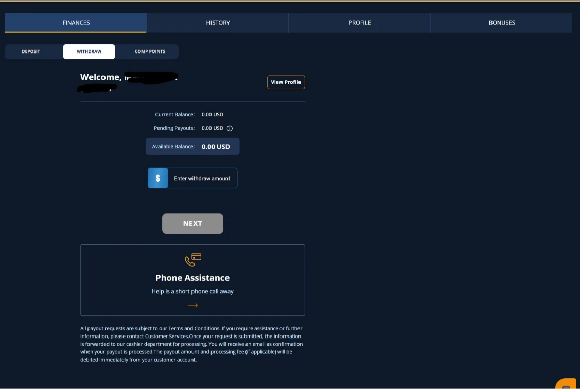 Exclusive Casino Cashier Withdrawal Screen