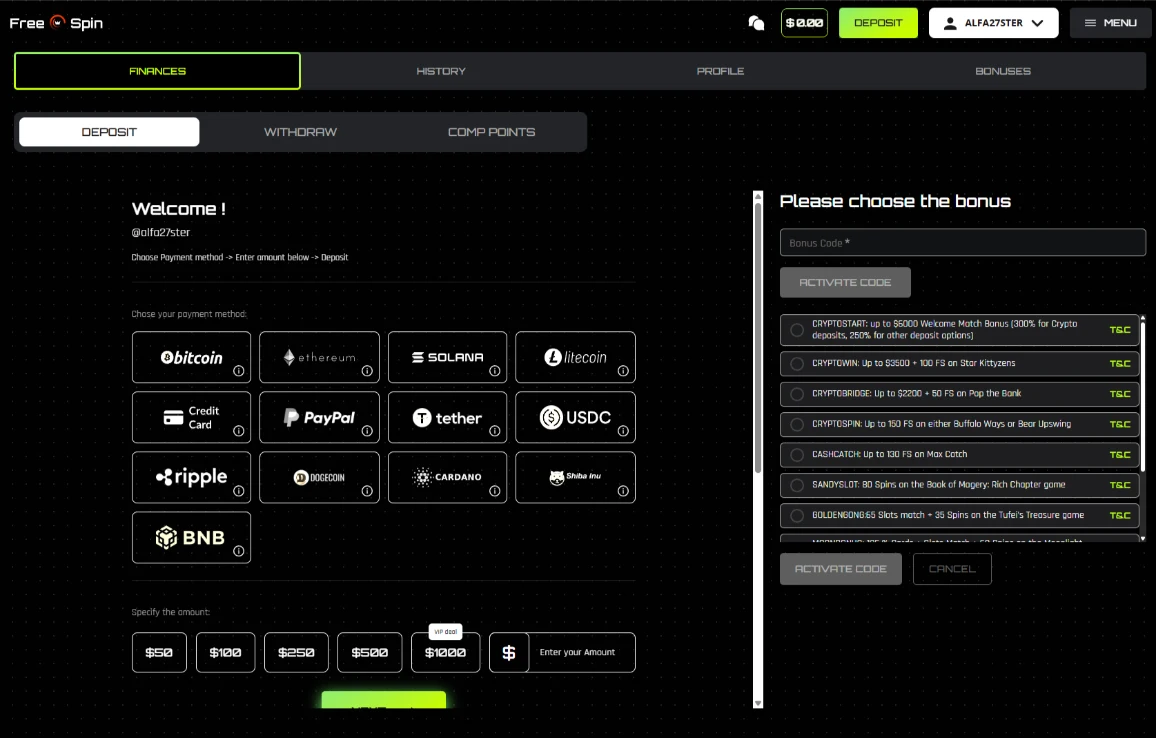 Free Spin Casino Deposit Options Screen