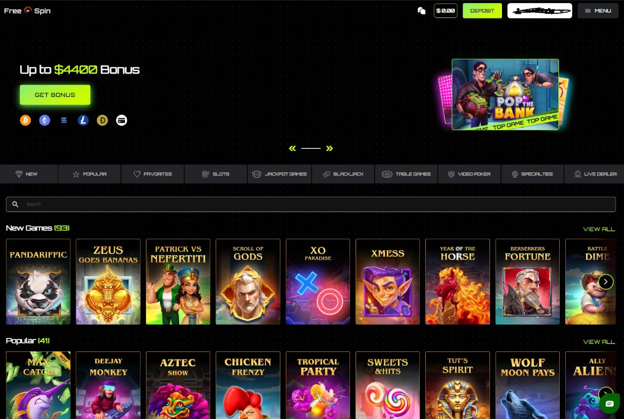 Free Spin Casino Main Lobby Dashboard