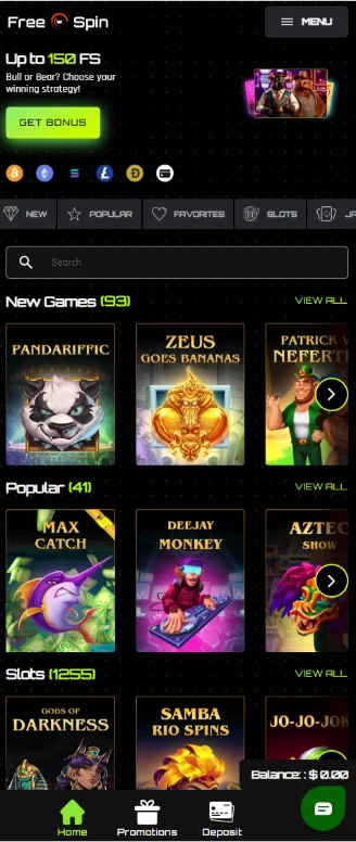 Free Spin Casino Mobile Phone Interface