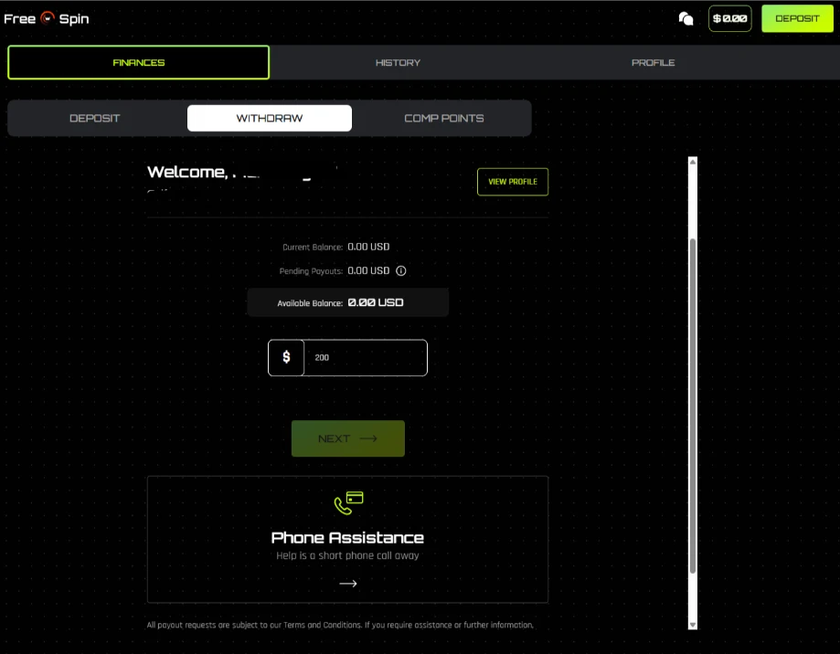 Free Spin Casino Cashier Withdrawal Screen