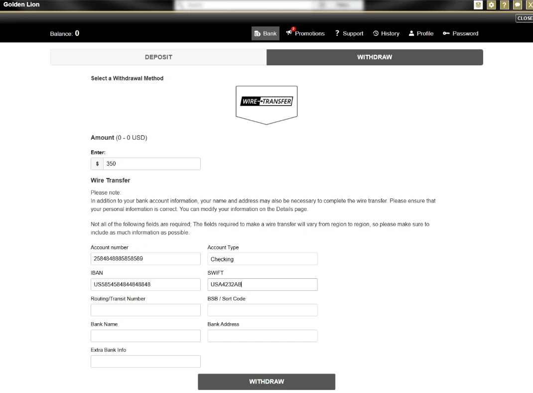 Golden Lion Casino Withdrawal Request Screen