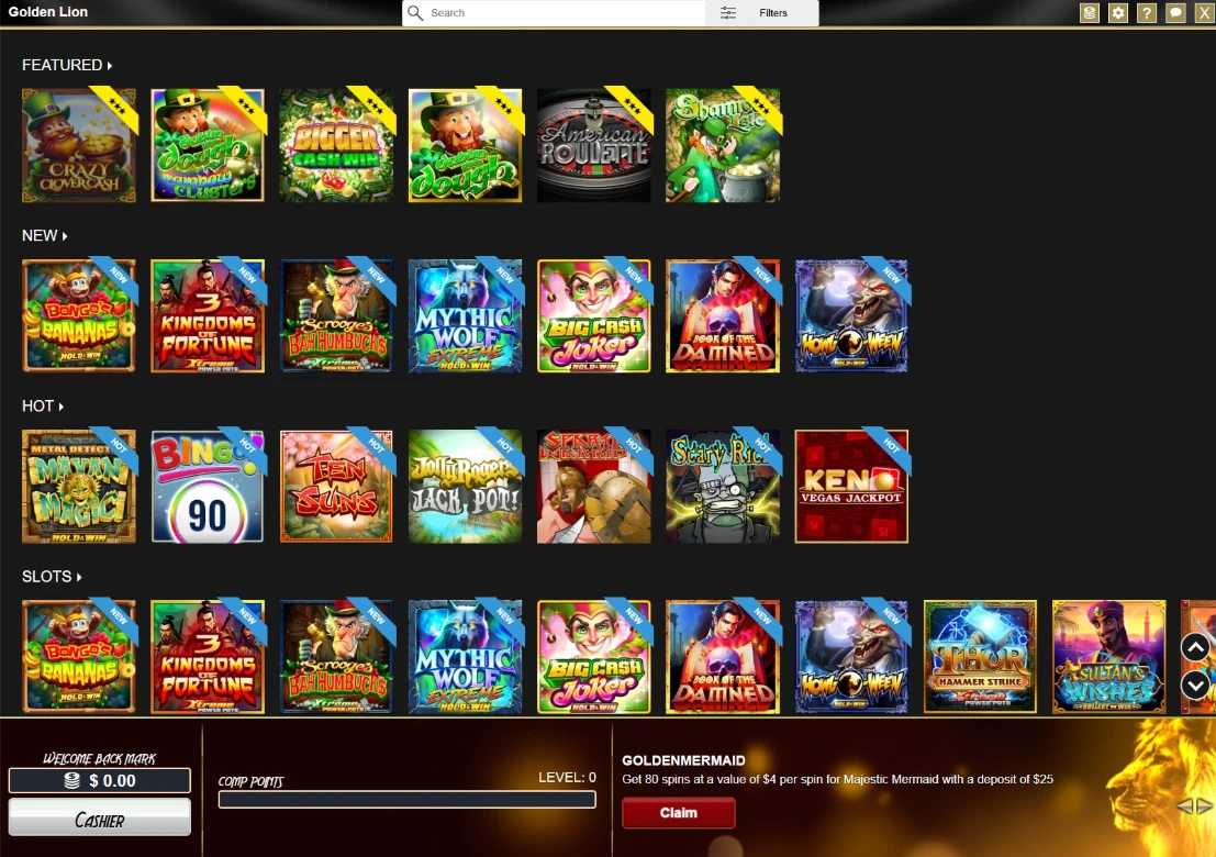 Golden Lion Casino Main Dashboard Lobby