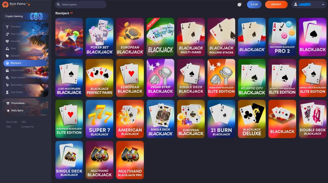 Rich Palms Blackjack Interface