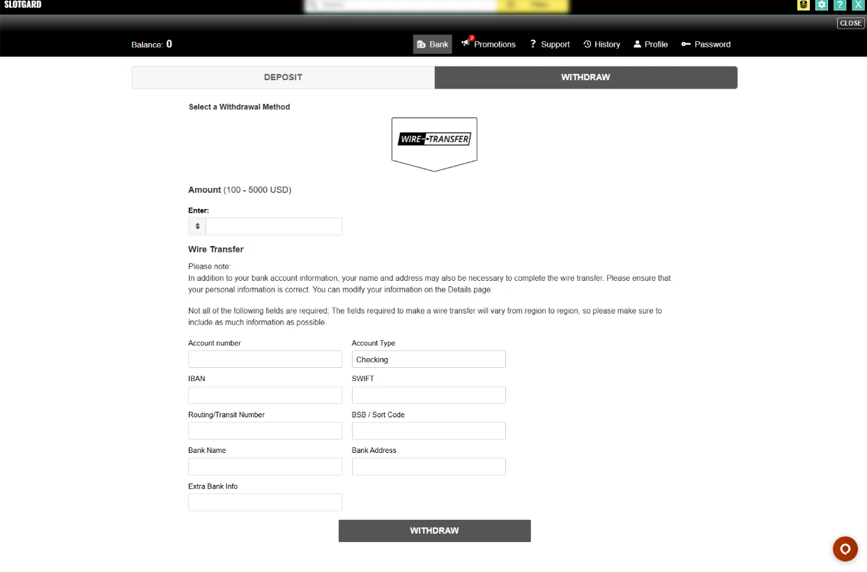 Slotgard Casino Withdrawal Request Screen