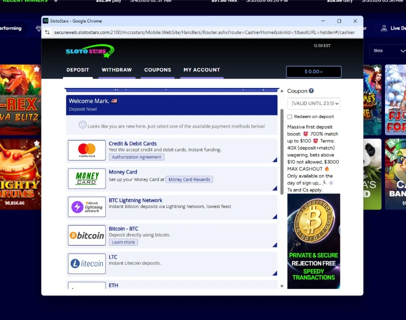 Sloto Stars Deposit Cashier Interface