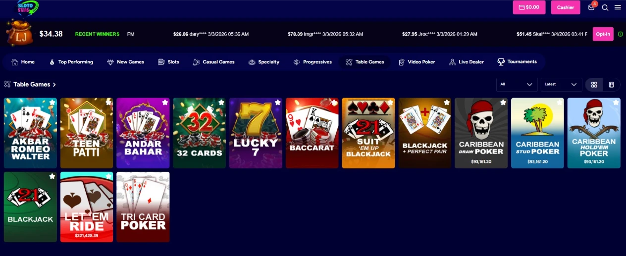 Sloto Stars RNG Table Games Selection