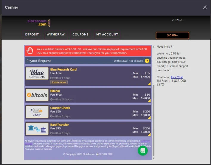 SlotsRoom Outbound Withdrawal Area