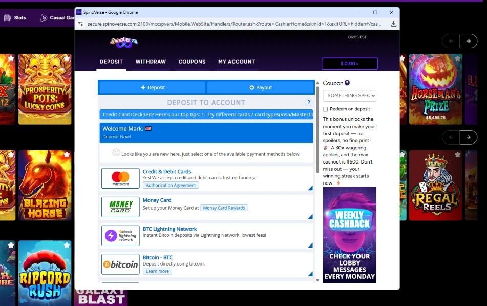 SpinoVerse Casino Deposit Cashier Interface