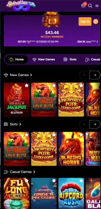 SpinoVerse Mobile Casino Interface