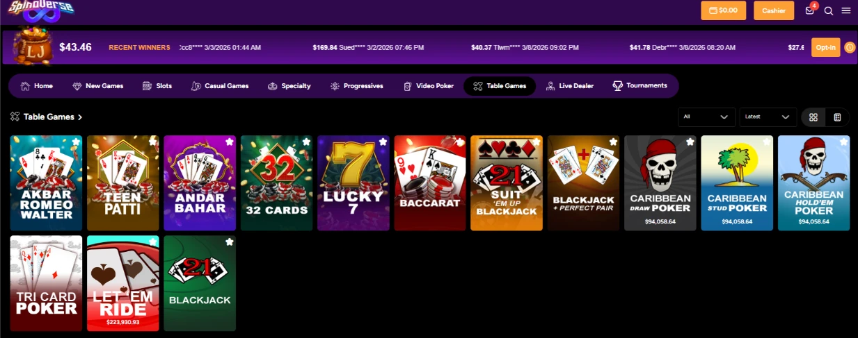 SpinoVerse Casino RNG Table Games