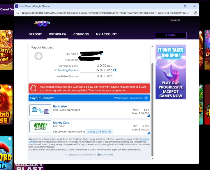 SpinoVerse Casino Withdrawal Request Screen