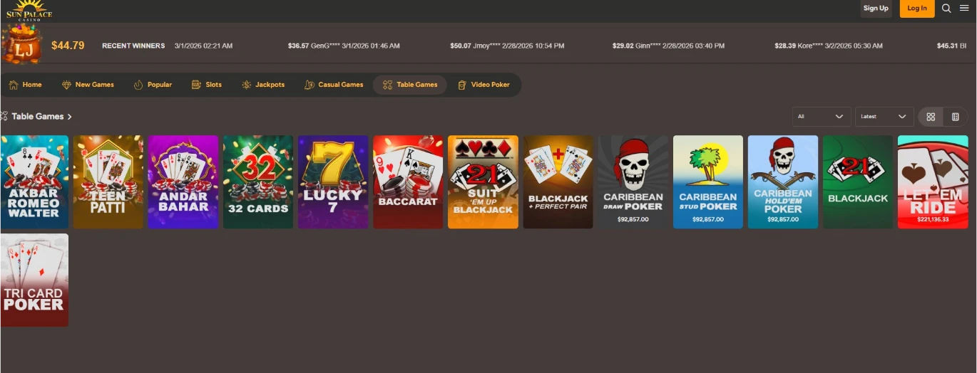 Sun Palace RNG Table Games