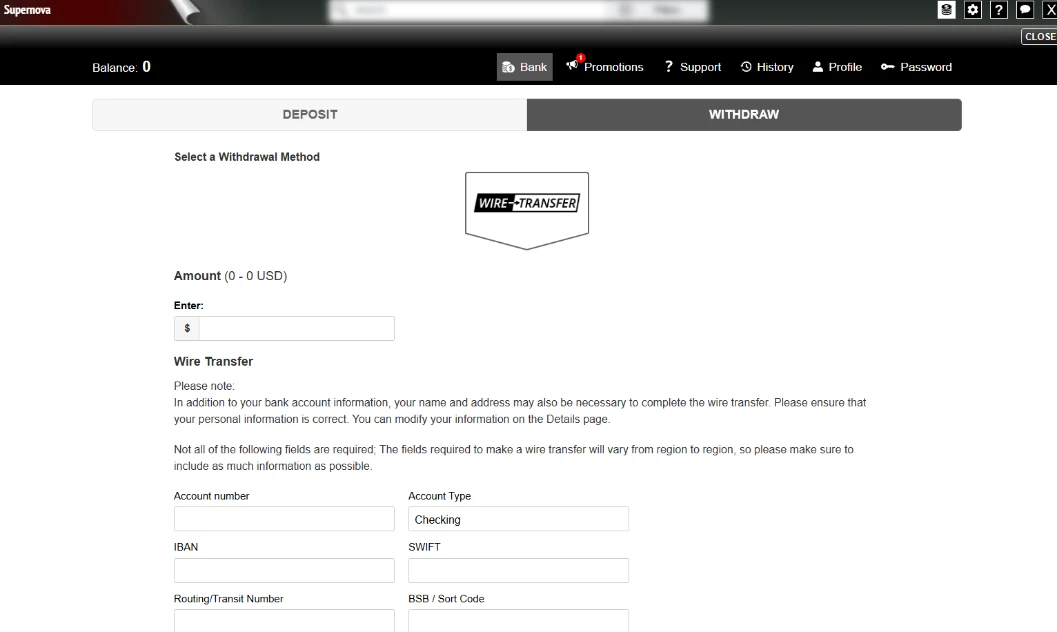 Supernova Casino Cashier Withdrawal Screen