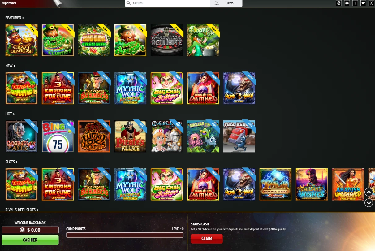 Supernova Casino Main Lobby Dashboard