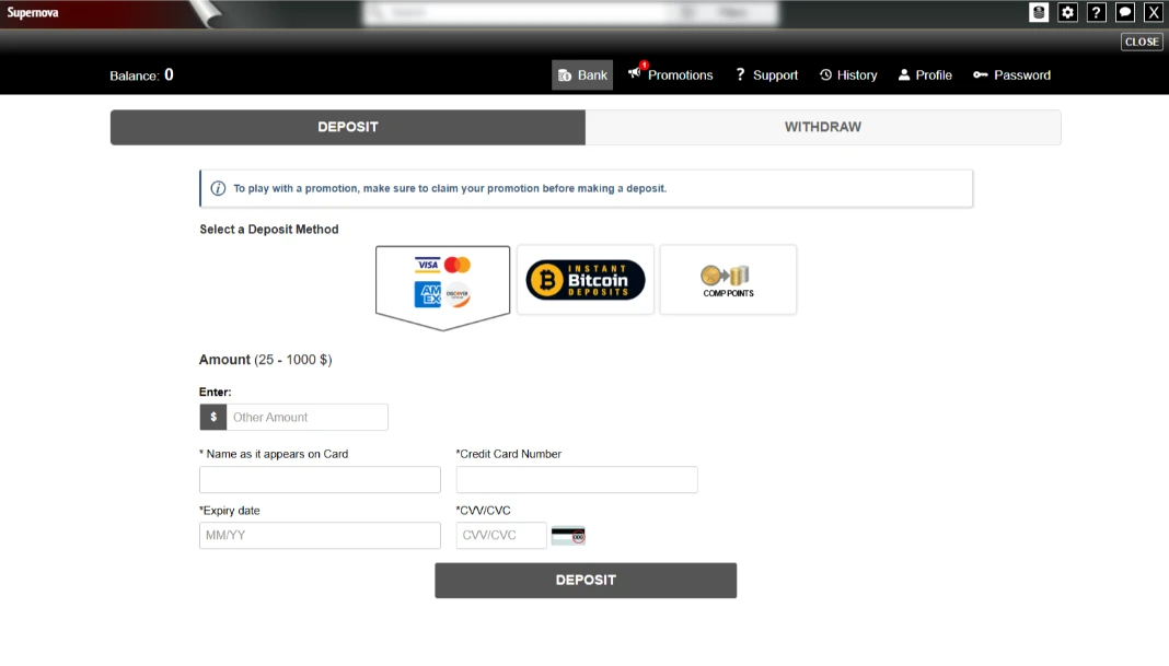 Supernova Casino Deposit Options Screen