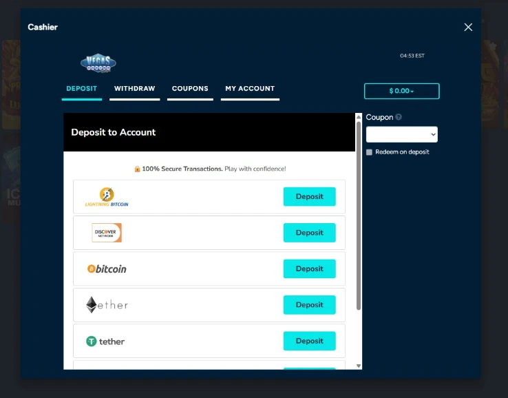 Vegas Casino Online Deposit Cashier Interface