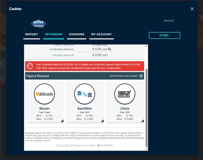Vegas Casino Online Withdrawal Request Screen